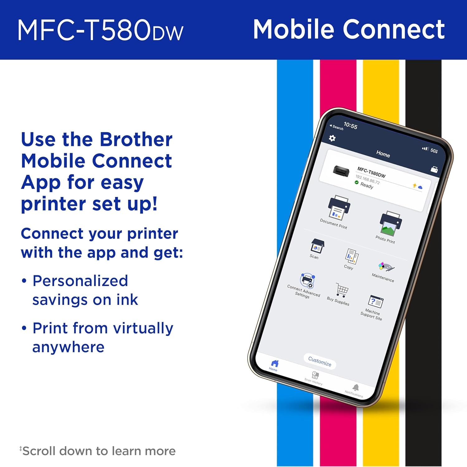Brother Inkvestment Tank 580 Wireless Color Inkjet All-In-One Printer | Includes up to 3 Years of Ink In-Box(1) and 3-Year Limited Warranty(2) (MFC-T580DW)
