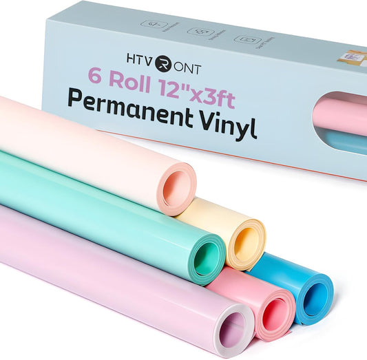 HTVRONT Pastel Permanent Vinyl - 12" X3Ft 6 Rolls Boho Adhesive Vinyl Roll Bundle Compatible with Cricut & Silhouette, Matte Finish Waterproof Roll for Mugs, Windows, Easter Crafts, Signs, Decals