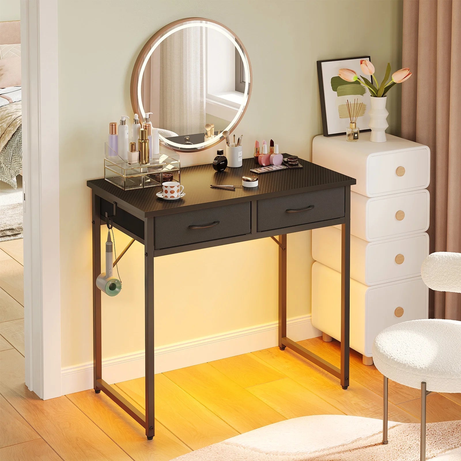 32 Inch Small Desk Computer Desk with Fabric Drawers& RGB LED Light, Writing Desk, White Vanity Desk with Hanging Hook Hook for Home, Bedroom, Black