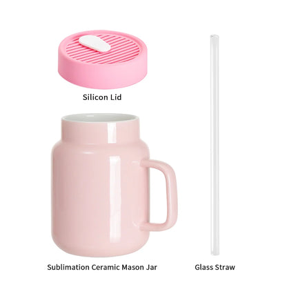 Sublimation Ceramic Mason Jar Full Color with Handle, Silicon Lid and Glass Straw 17 OZ 4 Pack (3 Color Options)