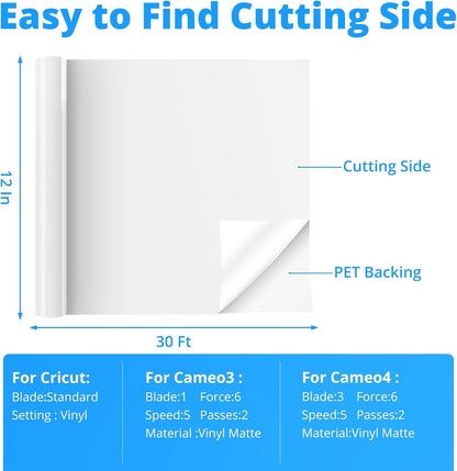 White Permanent Vinyl, 12" X 30 FT - Permanent Vinyl for Cricut Machine, Self Adhesive Vinyl Roll Stickers for Decorations, Gifts, Mugs, Craft and Sign Cutters (Matte White)