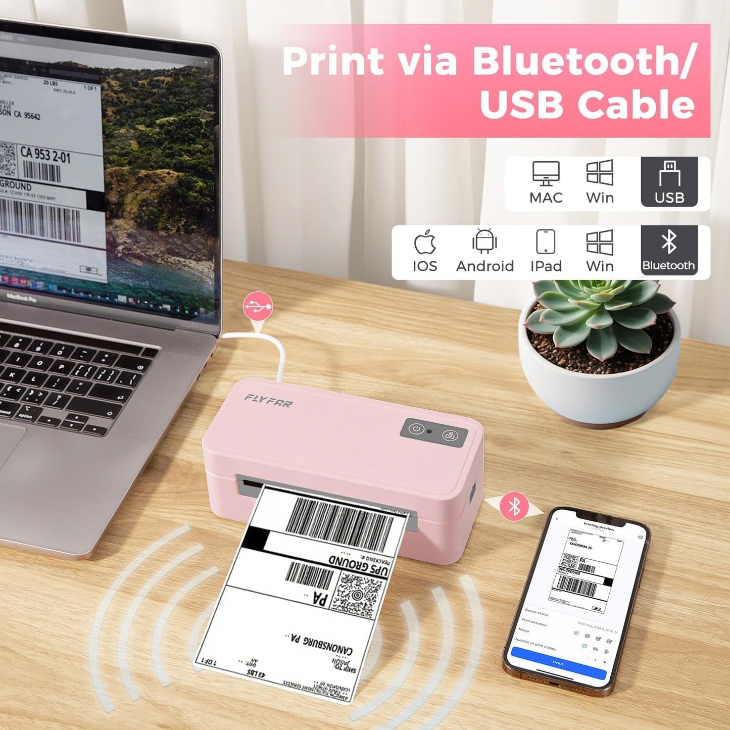 Bluetooth Thermal Label Printer, 4X6 Shipping Label Printer for Small Business, Compatible with Android, Windows, Iphone, Mac, Widely Used for Amazon, Shopify, Ebay, USPS, Etsy,Fedex (Pink)