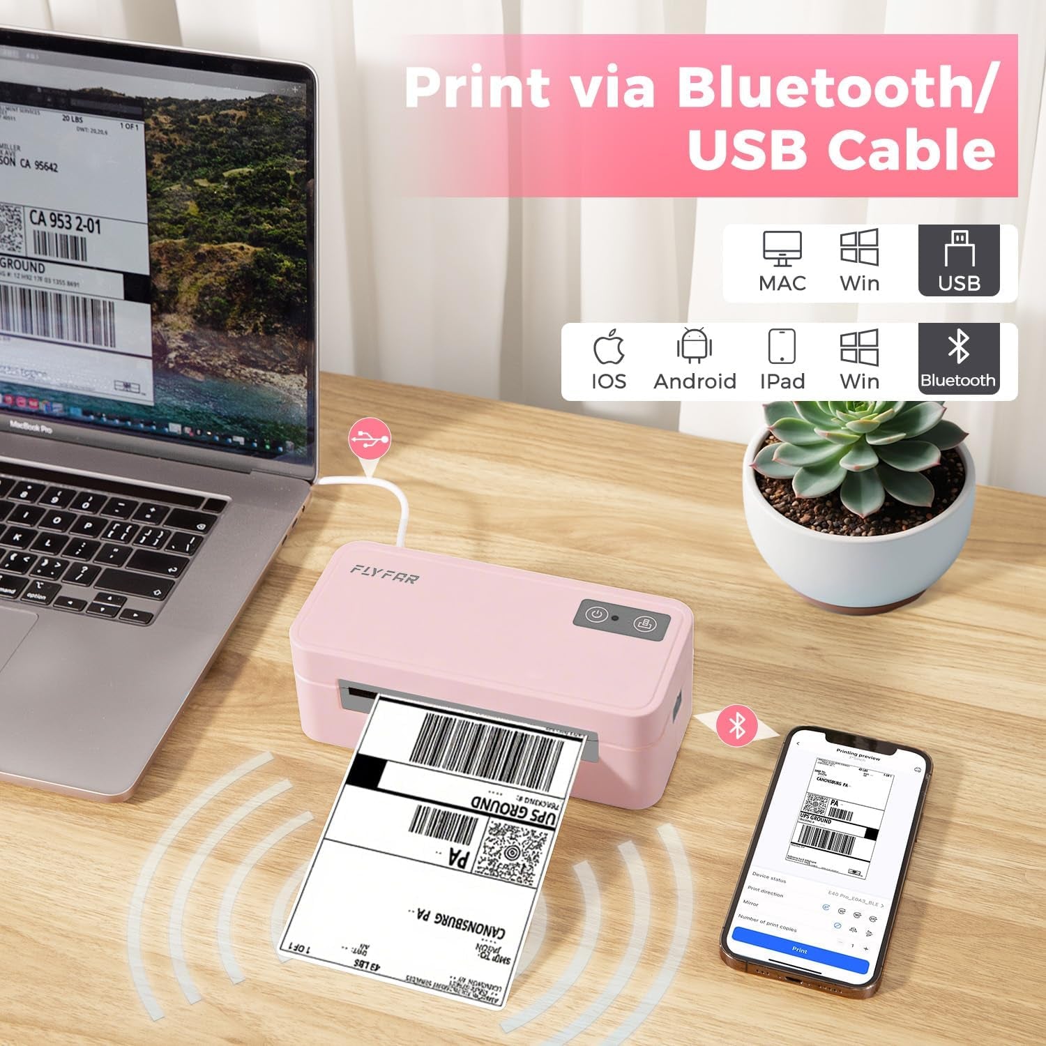 Bluetooth Thermal Label Printer, 4X6 Shipping Label Printer for Small Business, Compatible with Android, Windows, Iphone, Mac, Widely Used for Amazon, Shopify, Ebay, USPS, Etsy,Fedex (Pink)