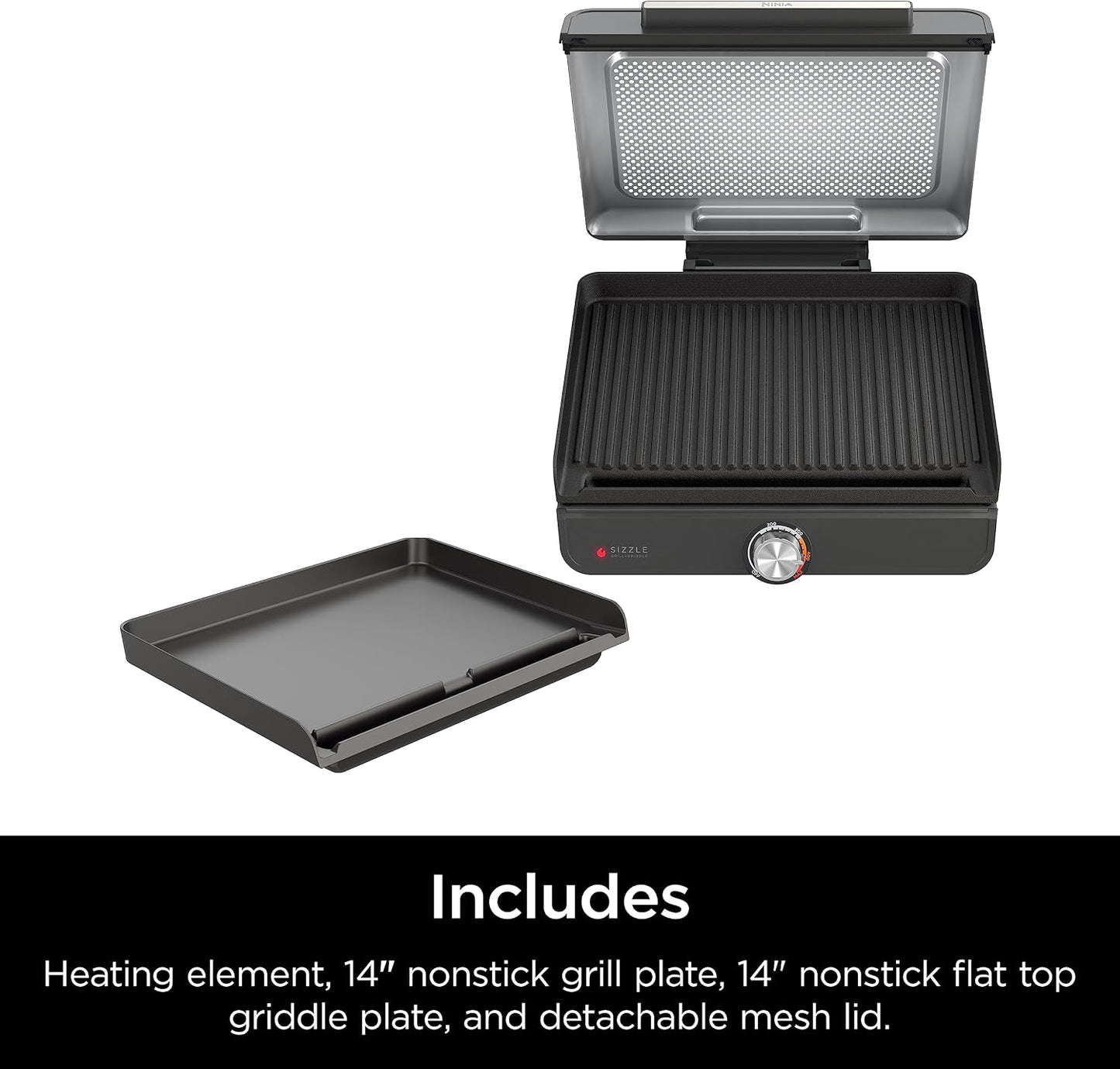 Ninja® Sizzle™ Indoor Grill & Griddle, 14'', 500°F, Grey/Silver, GR101 | Interchangeable Nonstick Grill & Griddle Plate, Dishwasher-Safe Lid, 500°F Edge-To-Edge Heat for Perfect Char-Grilled Marks.