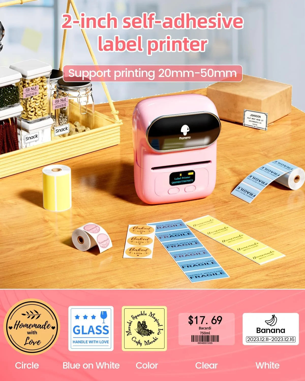 M110 Thermal Label Printer - Portable Bluetooth Address Label Maker for Small Business, Barcode & Retail, Compatible with Phones & PC (Pink)