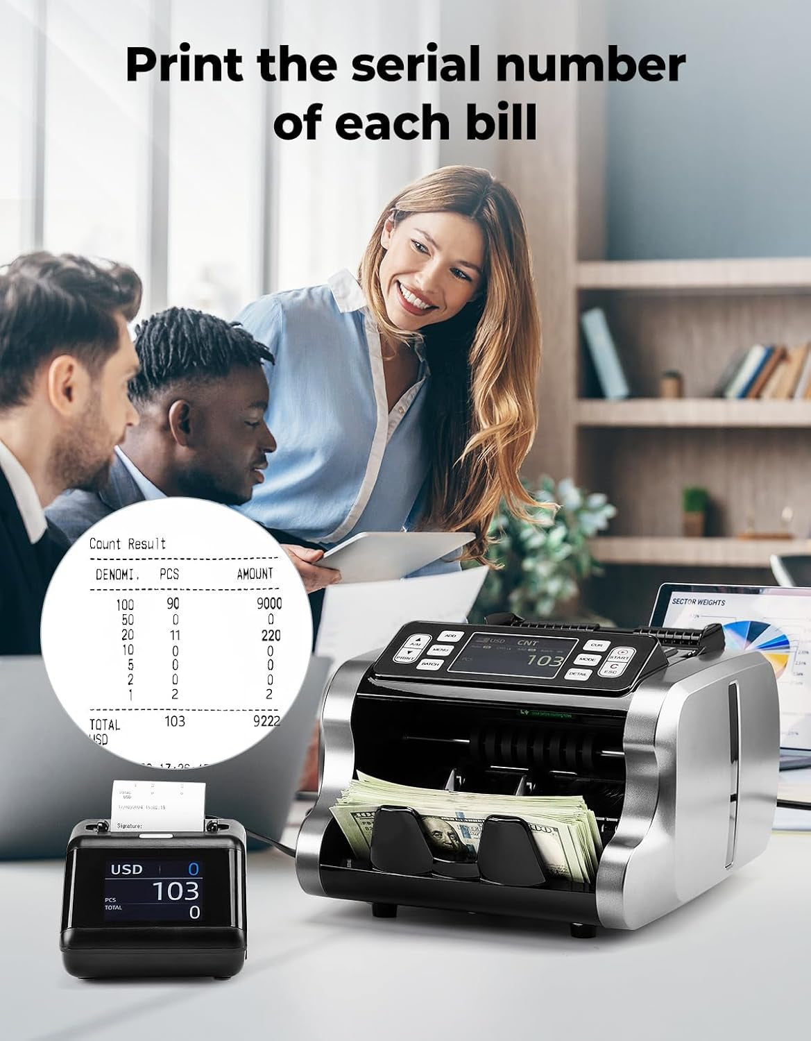 MUNBYN P01 Thermal Printer for IMC01, IMC08, IMC09 Money Counter Machine Mixed Denomination, External Display+Printer in One, Connects via RJ-11 Plug, Receipt Printer Suitable for 58 Mm Thermal Paper