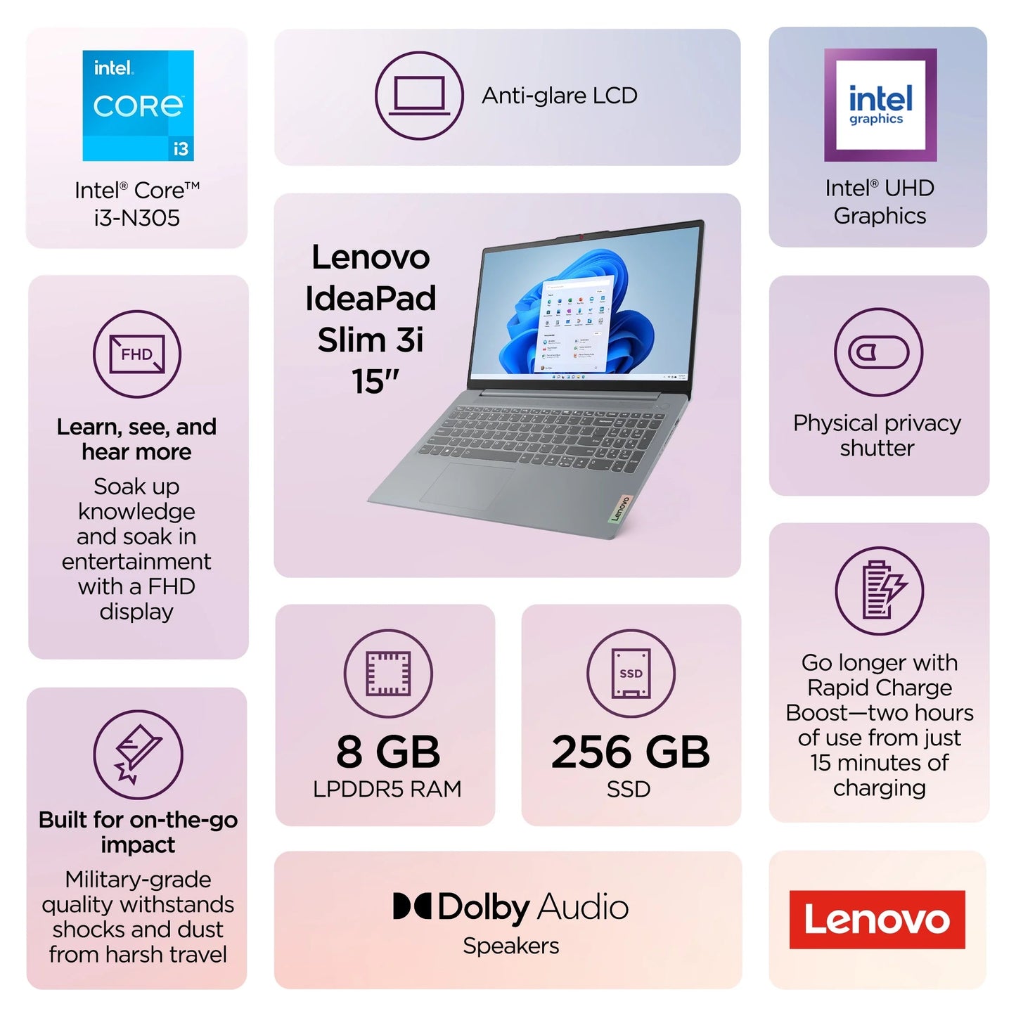 Ideapad Slim 3I 15.6 Inch Laptop Intel Core I3-N305 8GB RAM 256GB SSD Arctic Grey