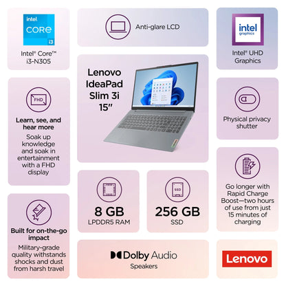 Ideapad Slim 3I 15.6 Inch Laptop Intel Core I3-N305 8GB RAM 256GB SSD Arctic Grey