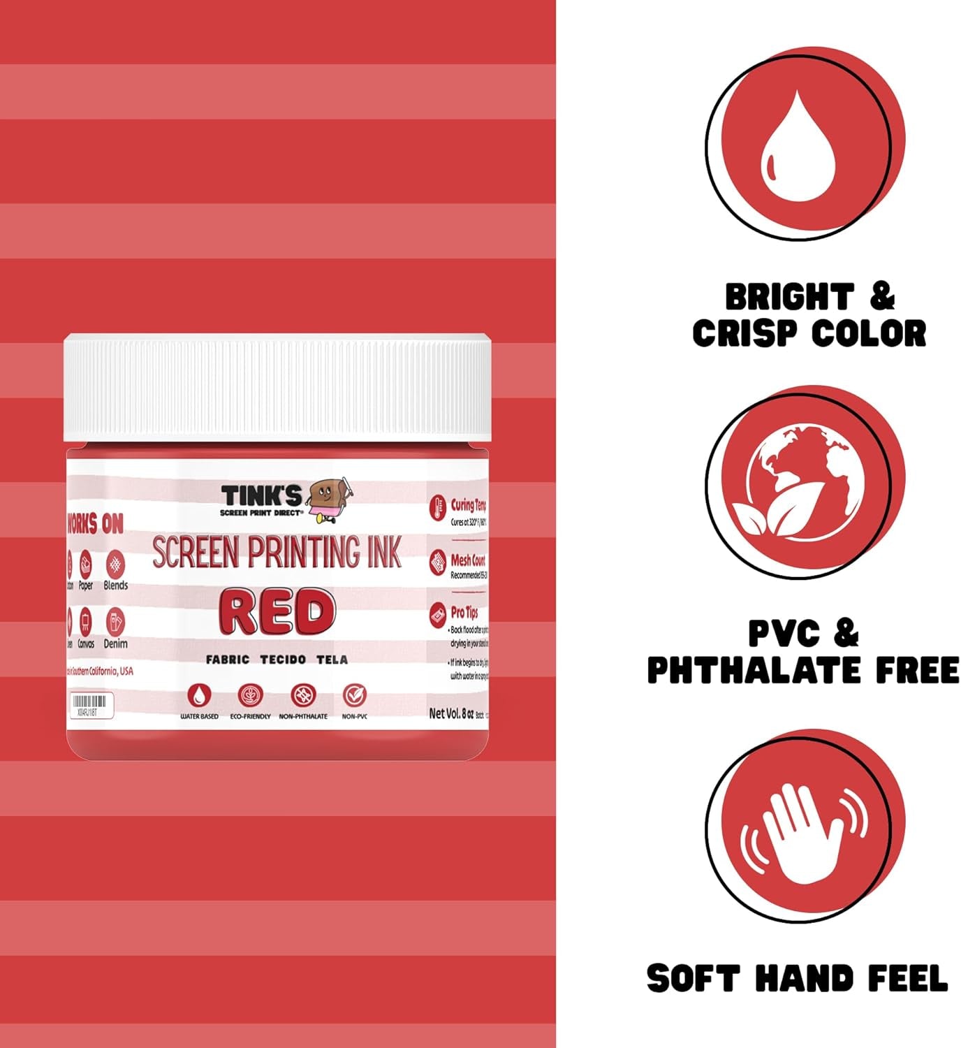 Tink'S® Screen Printing Ink Red 8Oz.—Water Based Screen Printing Fabric Ink for Cotton and Polyester, Blockprinting Ink for Linocut, Opaque Fabric Paint—Paintmaking Supplies for Shirts and Tote Bags