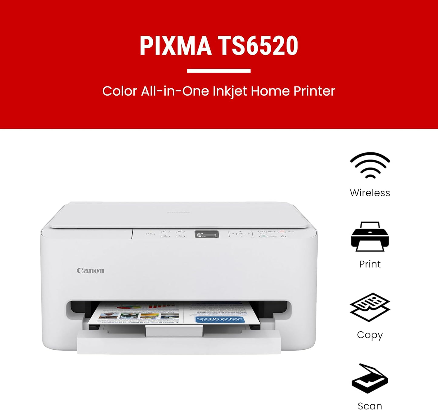Canon PIXMA TS6520 Wireless Color Inkjet Printer Duplex Printing, White – Home Printer with Copier/Scanner, 1.42” OLED Display, Intuitive Control Panel, Compact Design | Copier/Scanner, 1.42' OLED Display, Intuitive Control Panel, Compact Design, Duplex Printing
