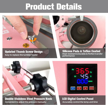 Bettersub 3In1 Tumbler Mug Heat Press Machine 30 OZ 20 OZ 16 OZ Sublimation Straight Skinny Tumbler Mug 3 OZ 1.5 OZ Shot Glass,11 OZ 15 OZ 16 OZ Sublimation Mug Heat Transfer Pink