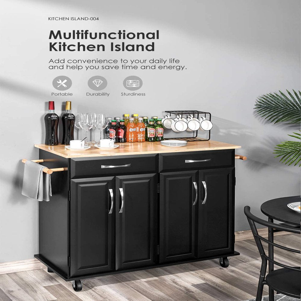 Kitchen Island on Wheels, Rolling Island Cart with Lockable Casters, Handle Towel Rack and 2 Drawers, Black