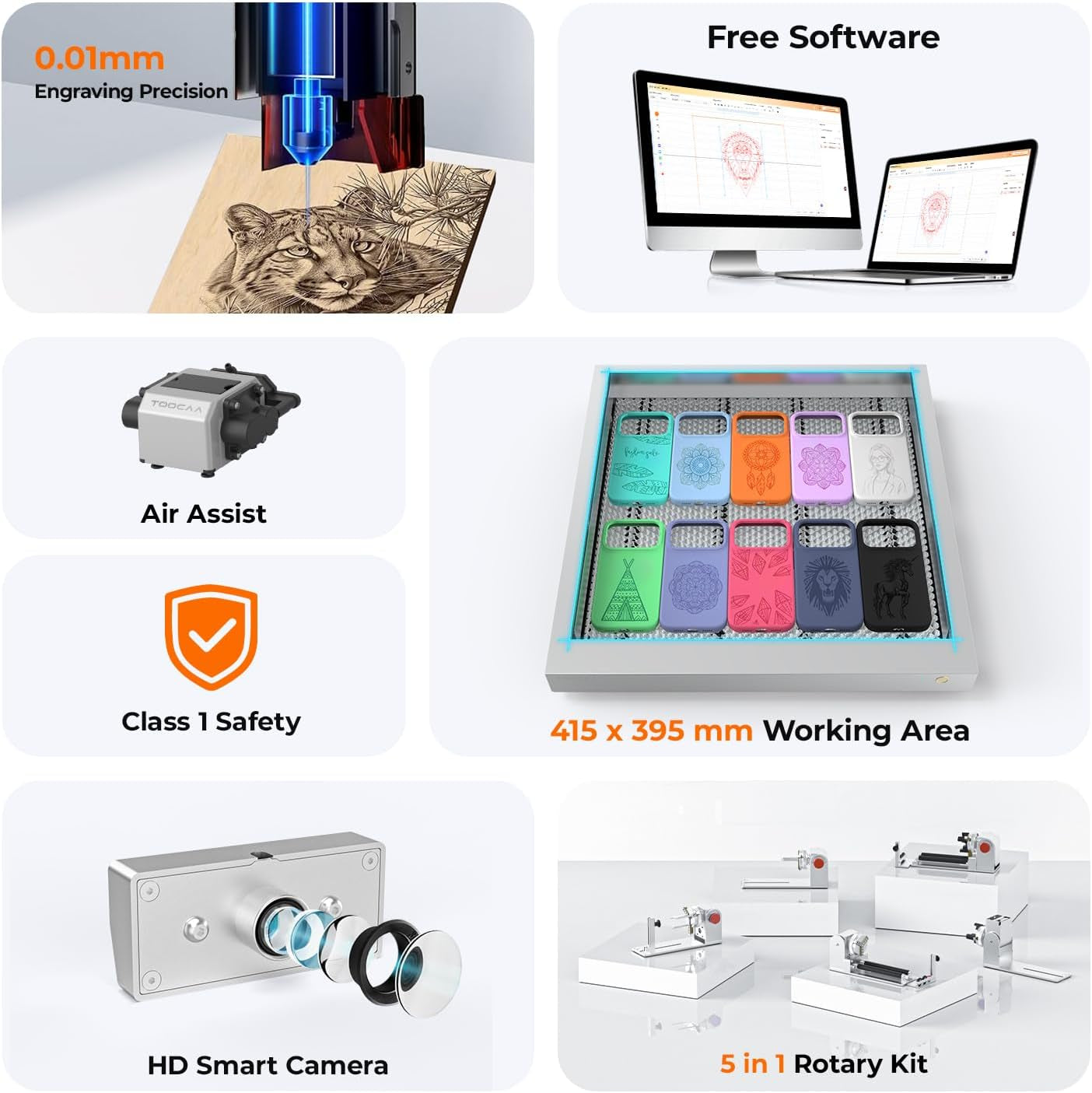 TOOCAA 40W Laser Engraver and Cutter Machine with 5 in 1 Rotary Roller Set,Smart Camera,Air Assist,Honeycomb Panel, 22" X 22" Bed Size Enclosed Laser Engraver Cutting Machine for Tumblers Wood Metal