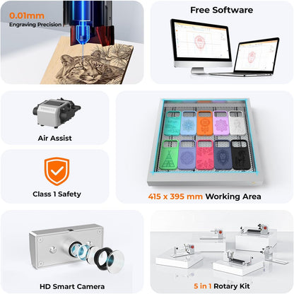 TOOCAA 40W Laser Engraver and Cutter Machine with 5 in 1 Rotary Roller Set,Smart Camera,Air Assist,Honeycomb Panel, 22" X 22" Bed Size Enclosed Laser Engraver Cutting Machine for Tumblers Wood Metal