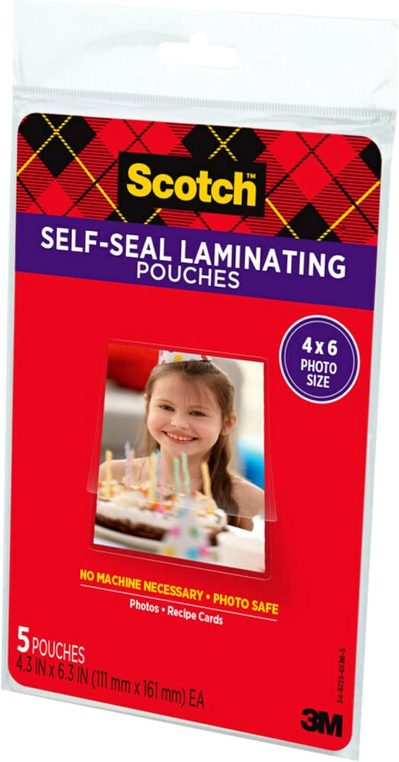 Scotch Self-Sealing Laminating Pouches, 4 X 6 Inches, 3-Pack of 5 Pouches – No Machine Needed, Clear, Photo Safe
