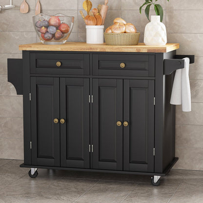 Rolling Kitchen Island, Kitchen Cart with Rubber Wood Countertop, Lockable Casters, Adjustable Shelves, Matte(Black-43.3"X17.7"X32.5")