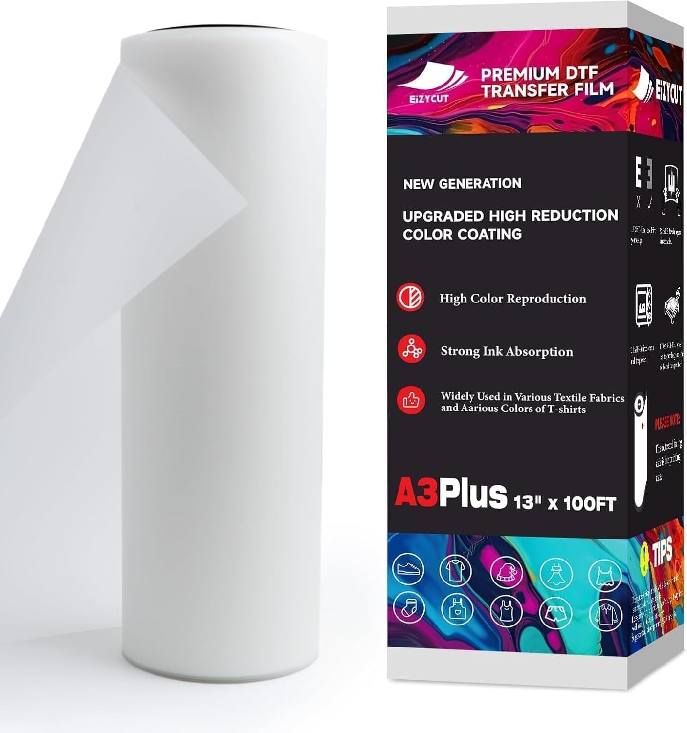 EIZYCUT DTF Transfer Film Roll 13Inch X 100Ft - A3 plus Premium DTF Film Roll, PET Double Sided Matte DTF Paper Roll for All Dark Fabric Textile and Colors T Shirts