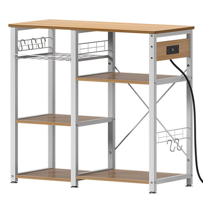 Kitchen Trolley 3-Tier Muti-Functional Kitchen Baker Rack with USB Port and Light Strip- Oak