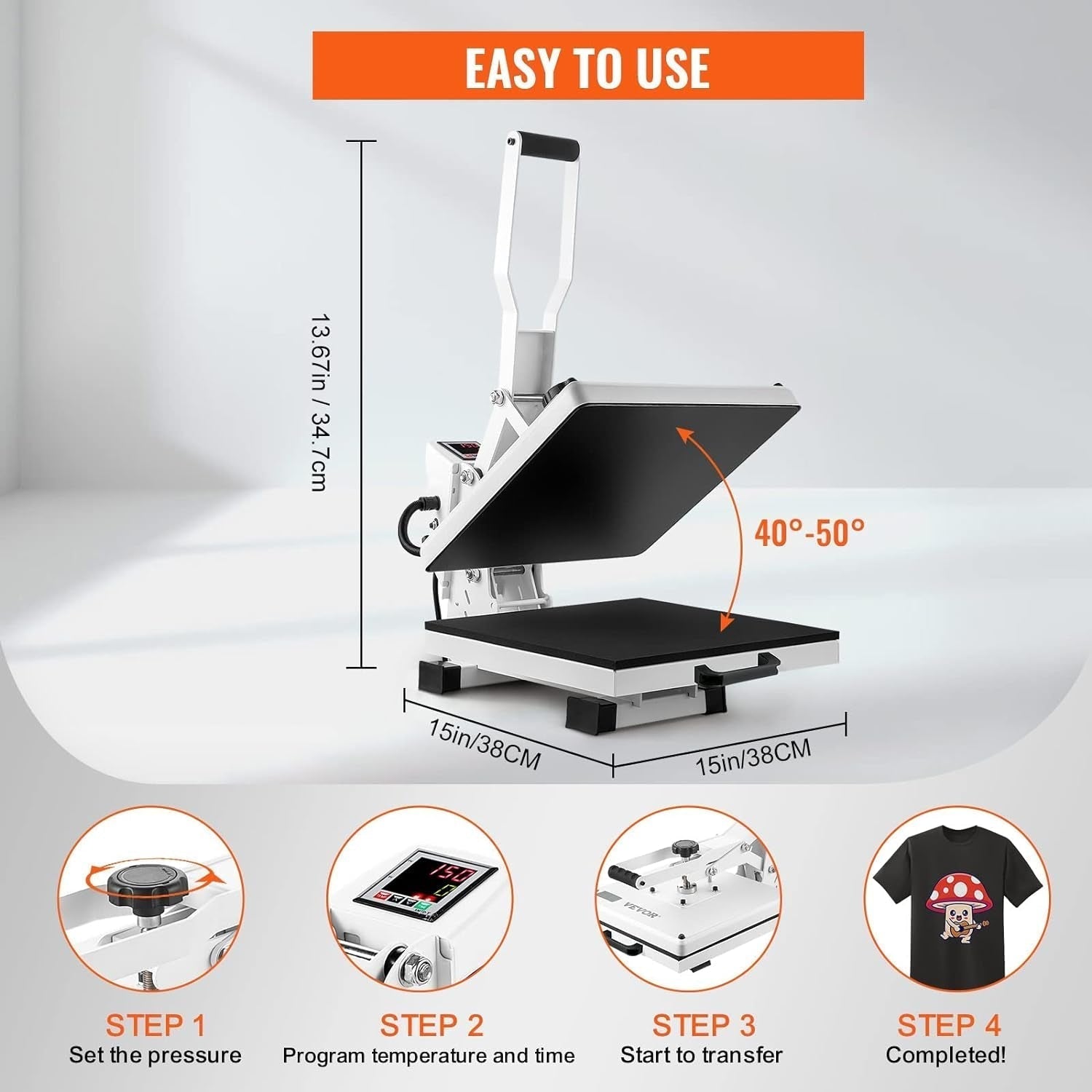 Heat Press, Heat Press Machine for T-Shirt, Fast Heating, High Pressure Heat Press 15X15, Power Digital Industrial Sublimation Printer for Heat Transfer Vinyl, Easy to Use, White