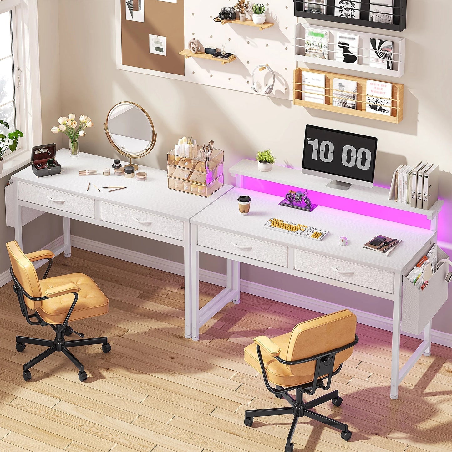 Computer Desk with LED Lights, 2 Fabric Drawers & Side Pocket, Small Desk with Monitor Stand for Home Office, Gaming, Small Spaces, White