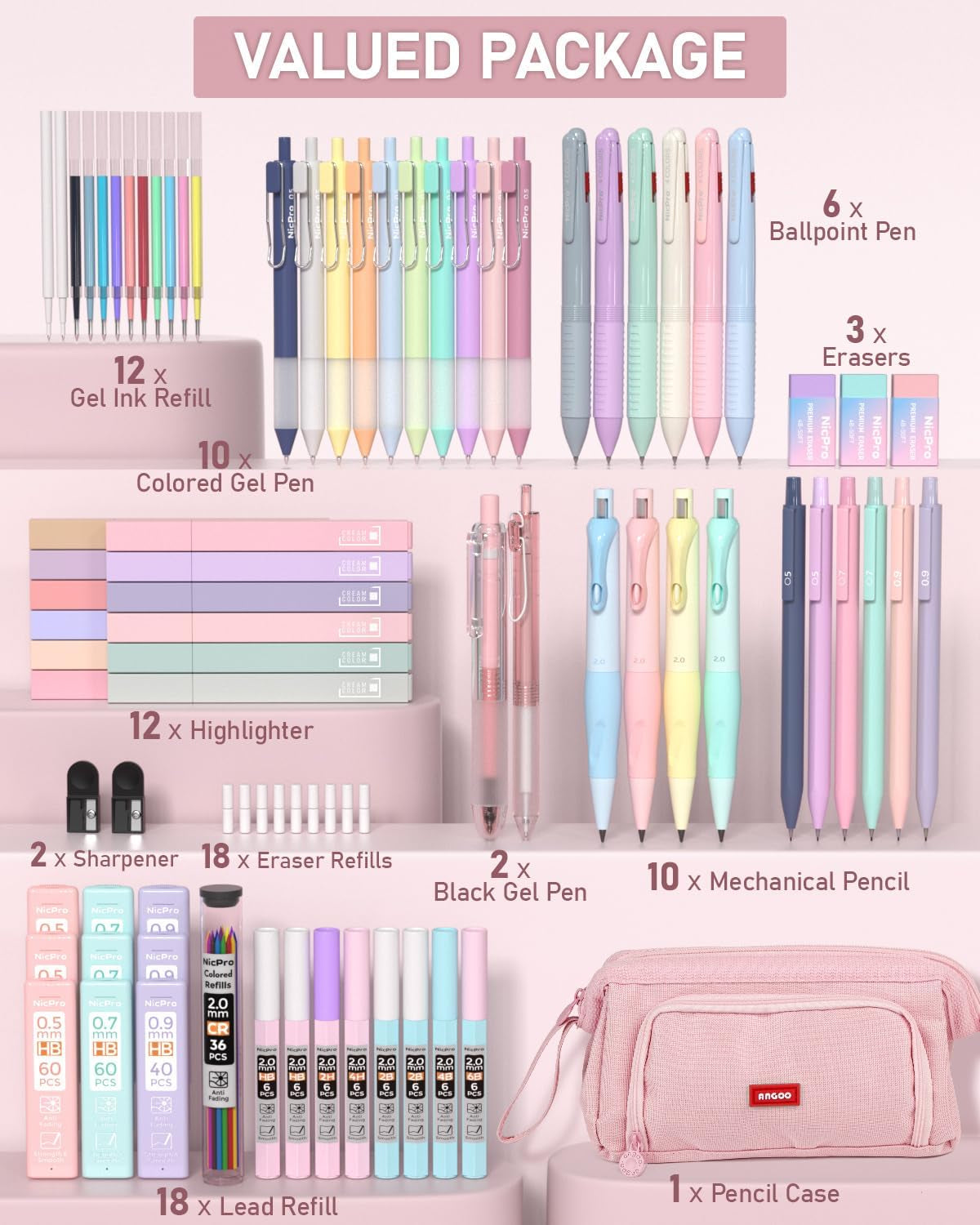 Nicpro 78 PCS Aesthetic School Supplies with Cute Pen Case, 12 Pastel Highlighters, 12 Color & Black Ink Gel Pens, 10 Mechanical Pencils 0.5, 0.7, 0.9, 2.0 Mm, 6 Multicolor Pen for Student Stationary