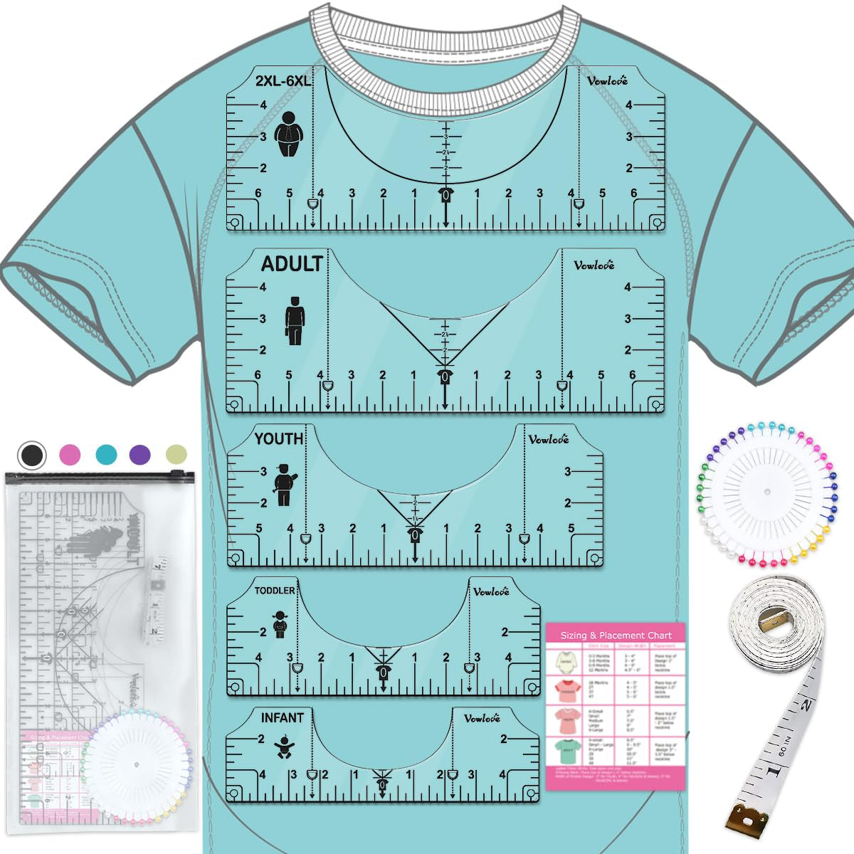 Vowlove T-Shirt Ruler for Precise Alignment, Center & Left Chest Placement Tool for Shirt Making, Compatible with Cricut, Heat Press, HTV, Vinyl, DTF, Sublimation