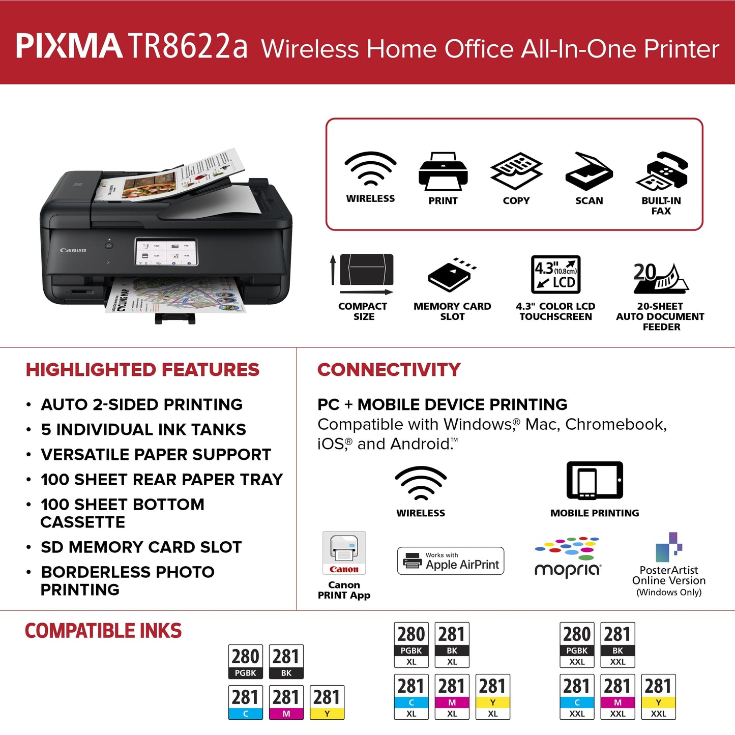 PIXMA Tr8622A All-In-One, Wireless Color Inkjet Printer for Home Office Use
