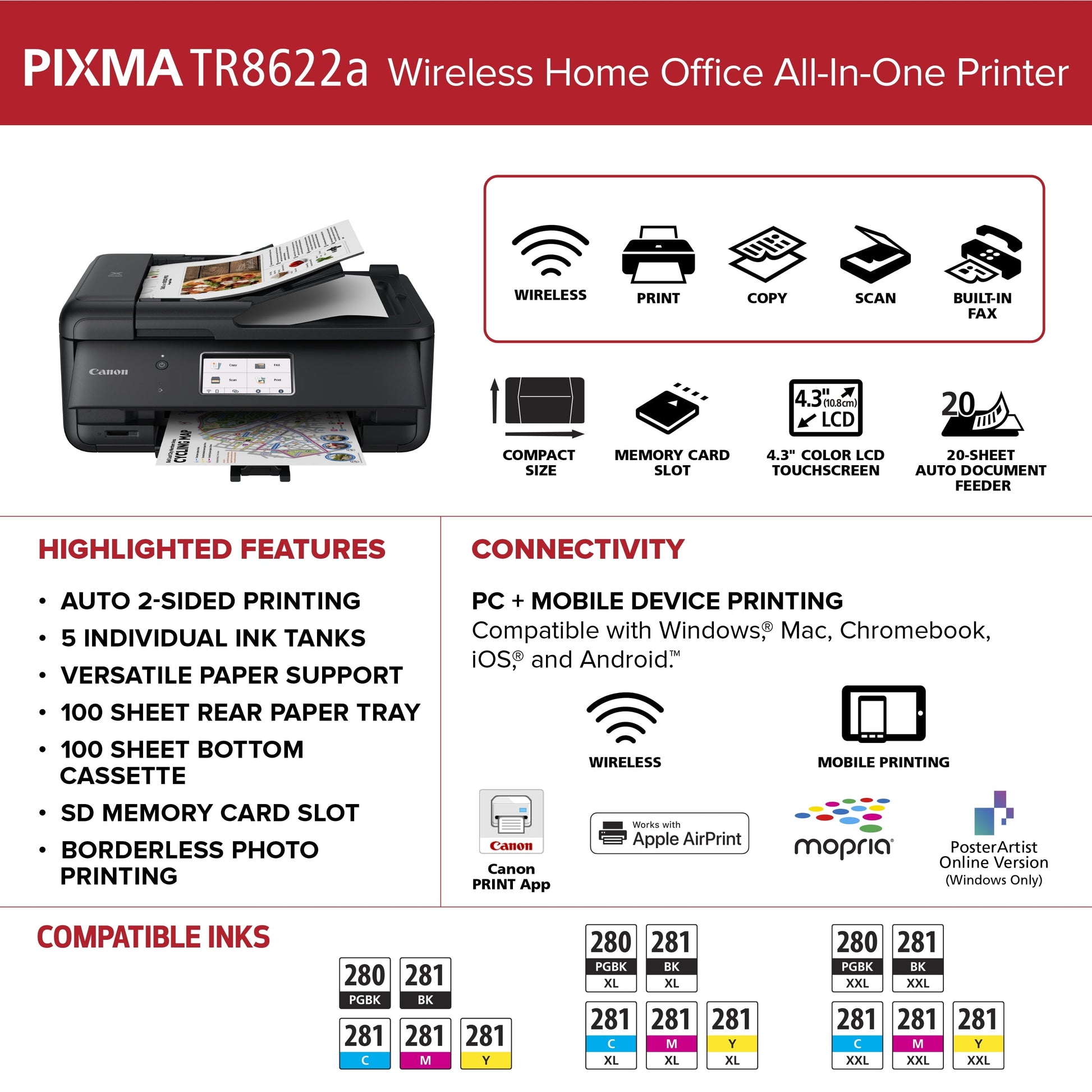 PIXMA Tr8622A All-In-One, Wireless Color Inkjet Printer for Home Office Use