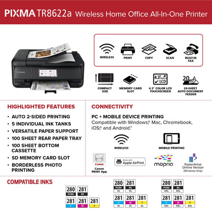 PIXMA Tr8622A All-In-One, Wireless Color Inkjet Printer for Home Office Use