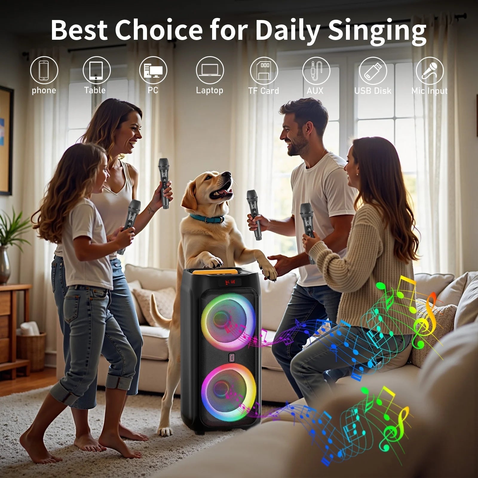 Large Party Speaker, Bluetooth Speaker with Wheels, Trolley Bar, LED Party Light, 2 Microphones