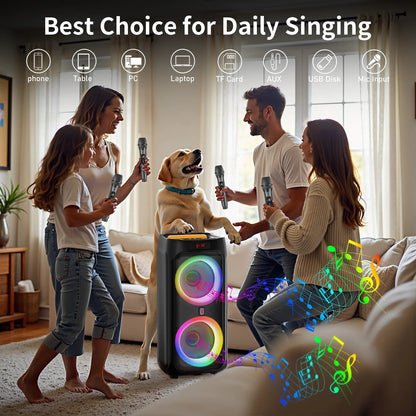 Large Party Speaker, Bluetooth Speaker with Wheels, Trolley Bar, LED Party Light, 2 Microphones