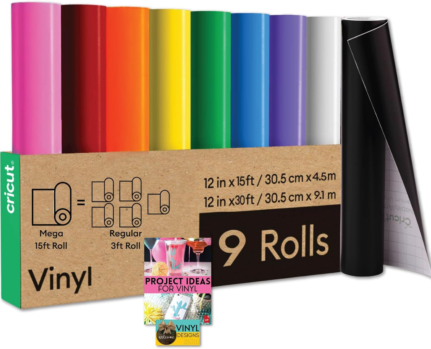 Cricut Premium Vinyl Rainbow Rolls Bundle - 9 Count 15Ft Rainbow and 30Ft Black & White Vinyl Rolls, Adhesive Vinyl for Craft Cutting Machines, Beginner Vinyl Pack with Essential DIY Project Colors