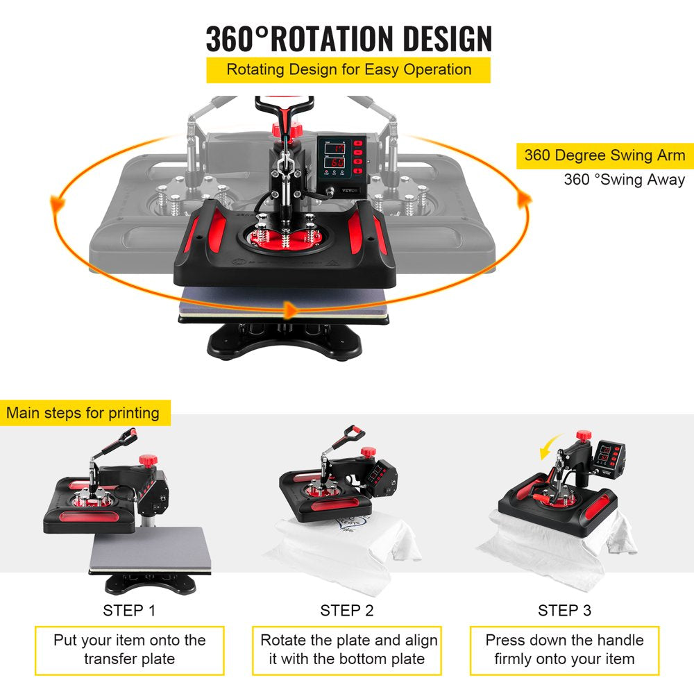 brand 5 in 1 Upgrade Heat Press Machine 12 X 15 Inch with FCC&CE Quality-Safety Certification Heat Press 800W Combo Multifunctional Sublimation 360° Rotation Heat Press Shirt Printing Machine Red