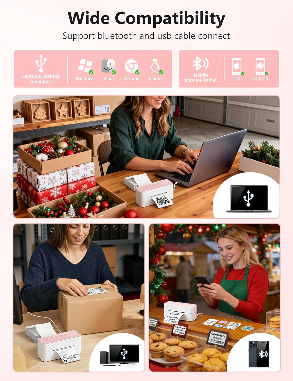 Phomemo Bluetooth Thermal Label Printer, 241BT 4X6 Wireless Shipping Label Printer for Small Business, Pink Labels Printers for Shipping Package, Compatible with Iphone, Android, Shopify, Amazon, USPS