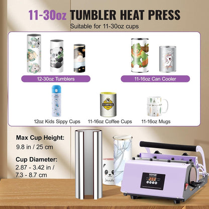 VEVOR Tumbler Heat Press Machine, 11-30Oz Mug Press, Heat up Fast and Even, Tumbler Press with Sublimation Paper, Tape and Gloves, Temp and Time Setting, for Sublimation Tumblers, Cups, Mugs, Purple