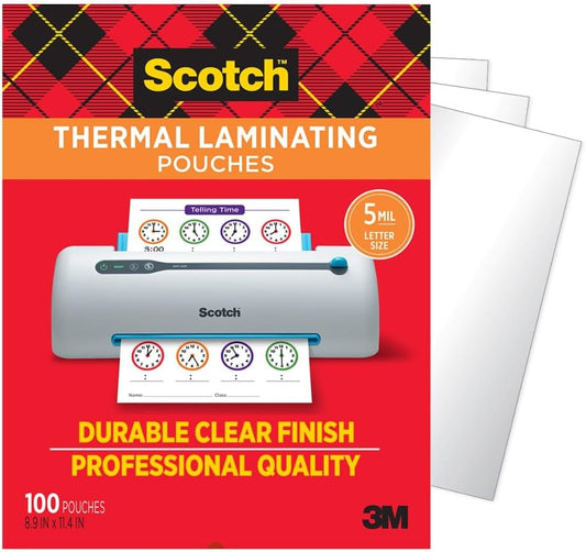 Scotch Thermal Laminating Pouches, 100 Count, Clear, 5 Mil.