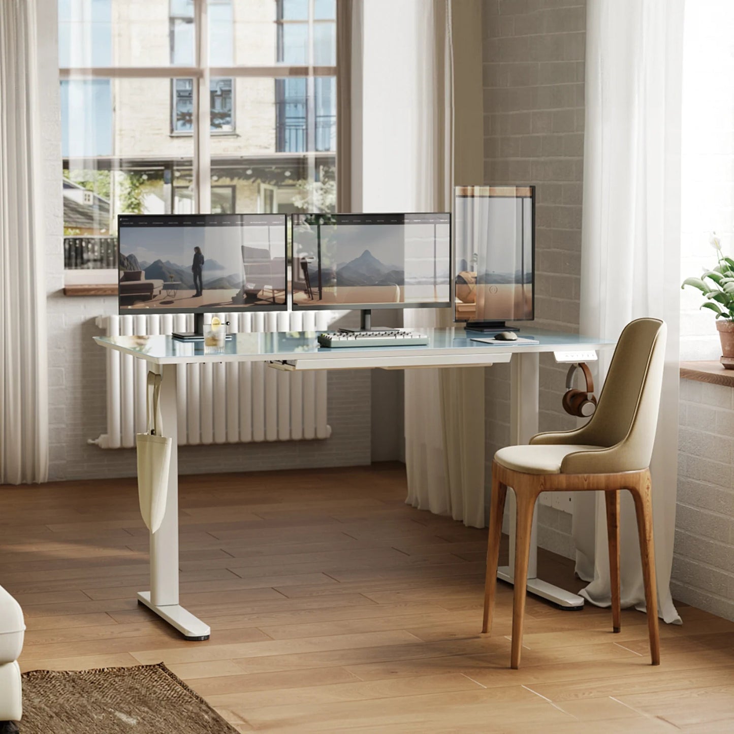 Glass Standing Desk with Drawers, 55 Inch Adjustable Height Stand up Desk, Glass Top Sit to Stand Study Desk,Electric Computer Standing Desk with Storage, Morandi Blue