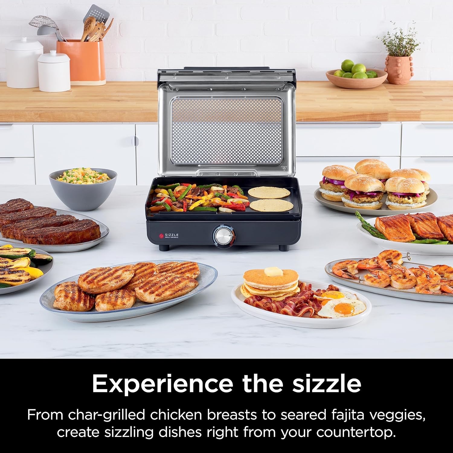 Ninja® Sizzle™ Indoor Grill & Griddle, 14'', 500°F, Grey/Silver, GR101 | Interchangeable Nonstick Grill & Griddle Plate, Dishwasher-Safe Lid, 500°F Edge-To-Edge Heat for Perfect Char-Grilled Marks.