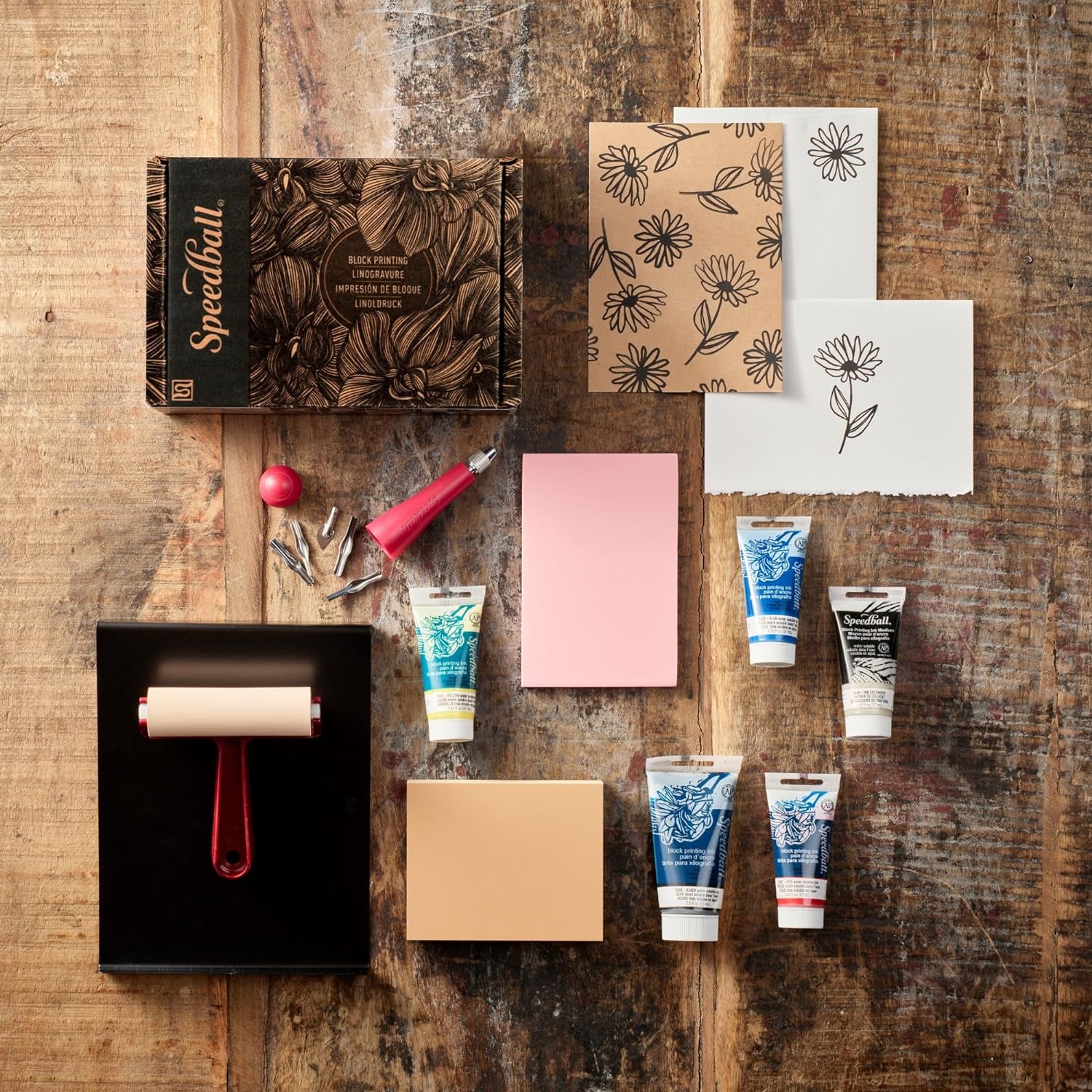 Speedball Deluxe Block Printing Kit - Includes Inks, Brayer, Bench Hook, Lino Handle and Cutters, Speedy-Carve Block, Mounted Linoleum Block (3472)