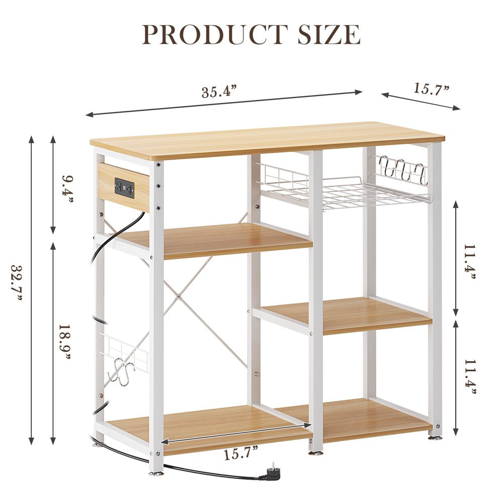 Kitchen Trolley 3-Tier Muti-Functional Kitchen Baker Rack with USB Port and Light Strip- Oak