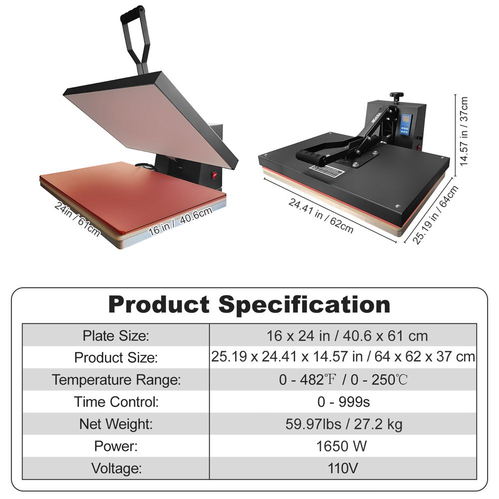 Heat Press Machine, 16 X 24 in / 40 X 61 Cm, Clamshell Sublimation Transfer Printer Teflon Coated, Digital Precise Heat Control, Silica-Gel Sponge Powerpress for T-Shirt Bag Pad Pillow