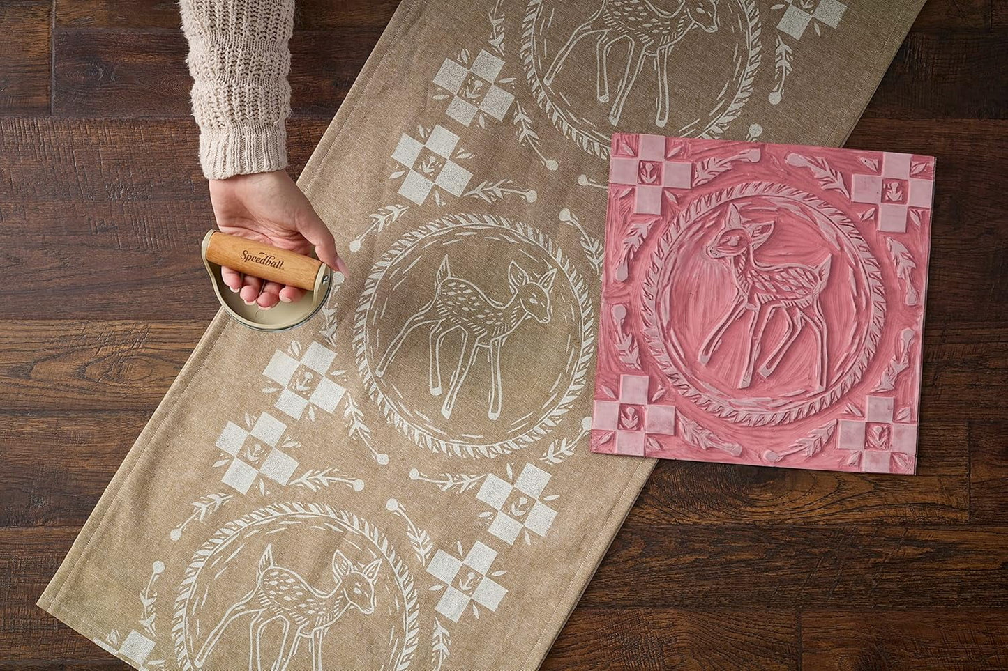 Block Printing Fabric Starter Kit, 7 Pieces – Includes Ink, Hard Brayer, Lino Handle and Cutters, Speedy-Carve Relief Carving Rubber