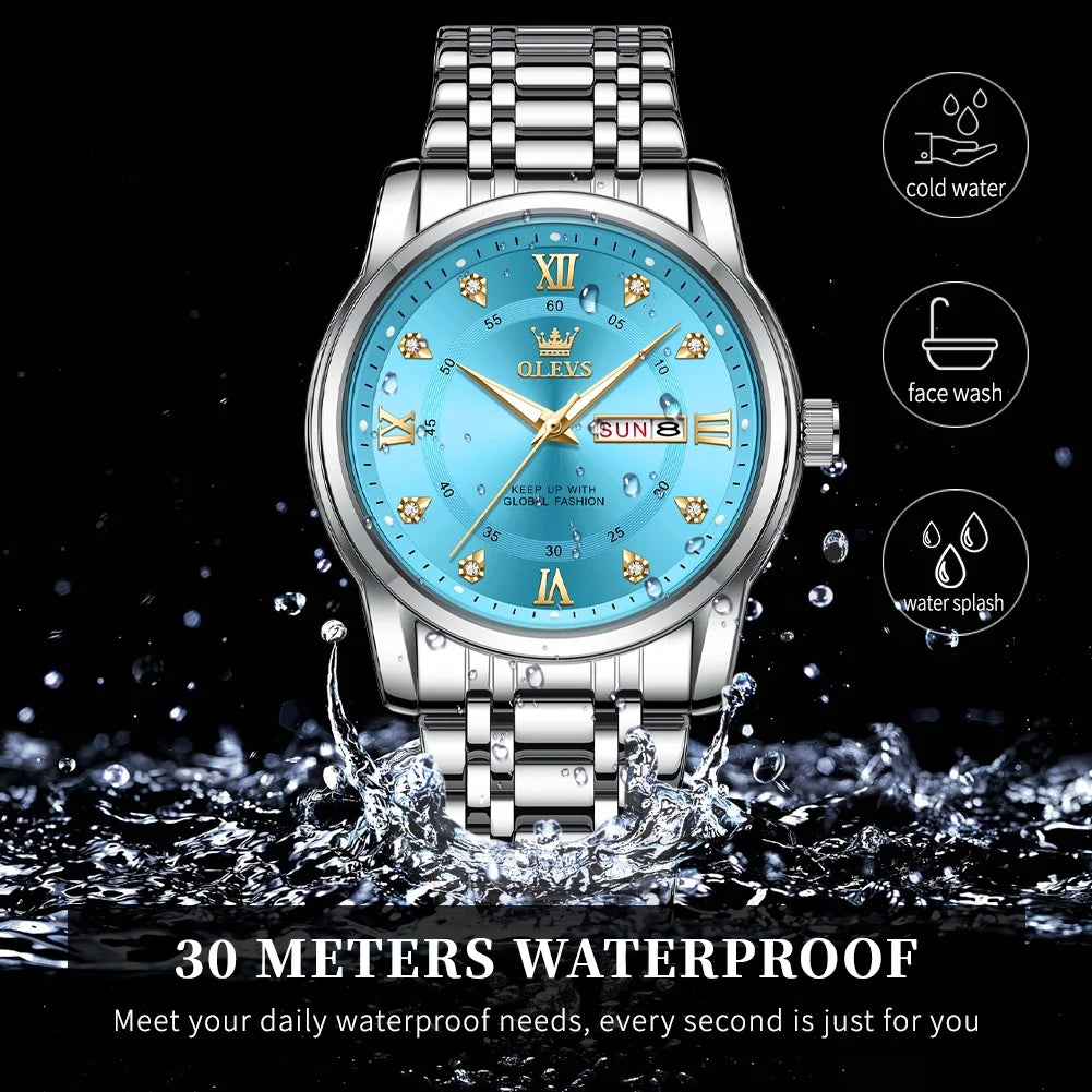 Watches for Men Classic Business Dress Analog Quartz Stainless Steel Waterproof Luminous Date Diamond Mens Wrist Watches Relojes De Hombre,Gold/Blue/Black Dial