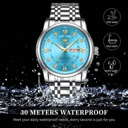 Watches for Men Classic Business Dress Analog Quartz Stainless Steel Waterproof Luminous Date Diamond Mens Wrist Watches Relojes De Hombre,Gold/Blue/Black Dial