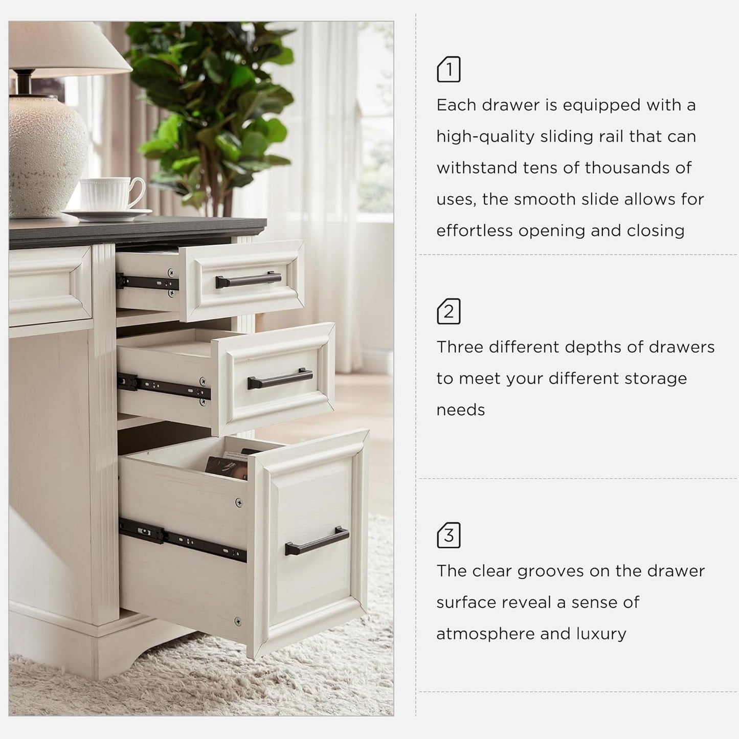 Farmhouse Wood 58" Executive Desk, Home Office 30" High Computer Desk with Drawers and Storage Cabinet, White