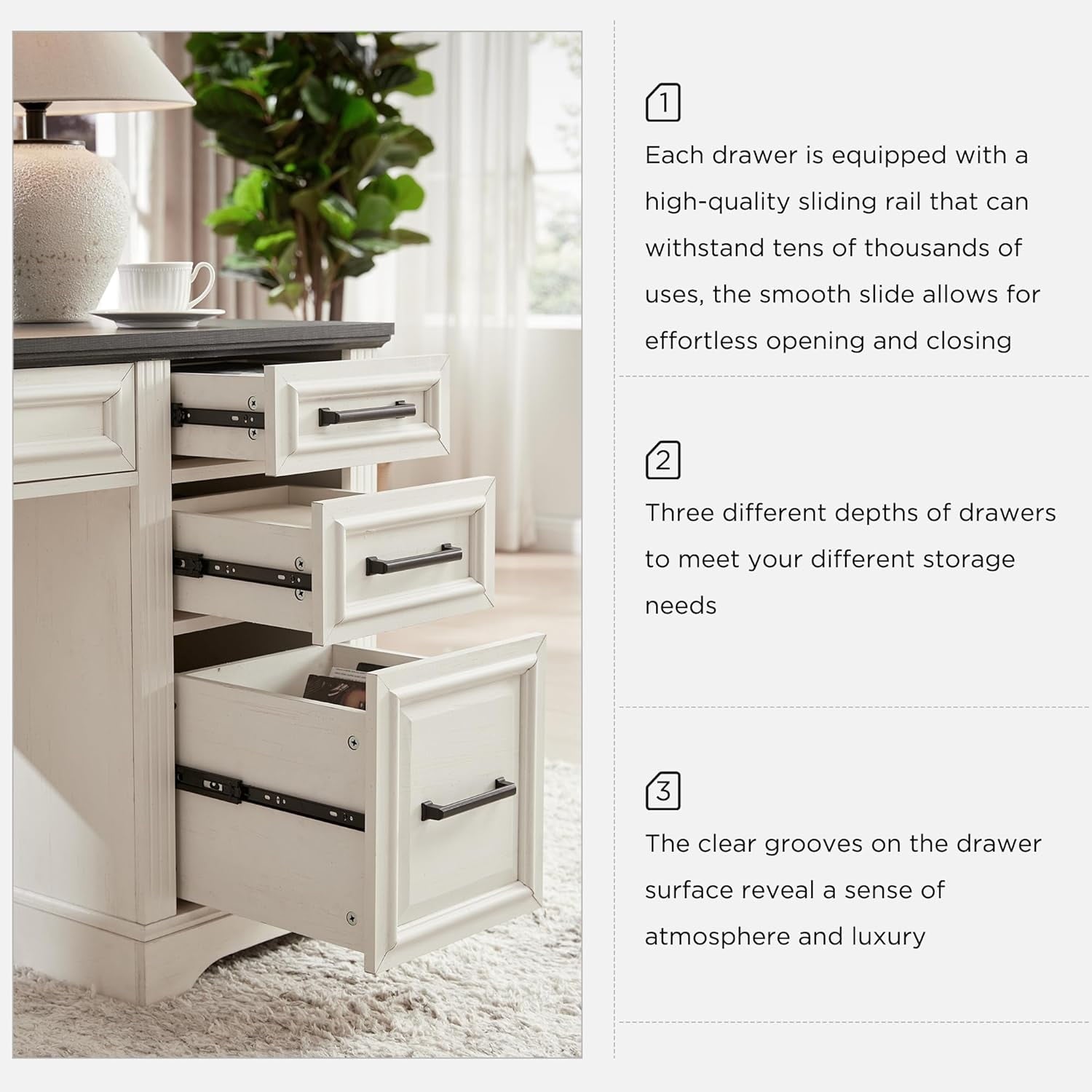 Farmhouse Wood 58" Executive Desk, Home Office 30" High Computer Desk with Drawers and Storage Cabinet, White