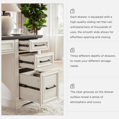 Farmhouse Wood 58" Executive Desk, Home Office 30" High Computer Desk with Drawers and Storage Cabinet, White
