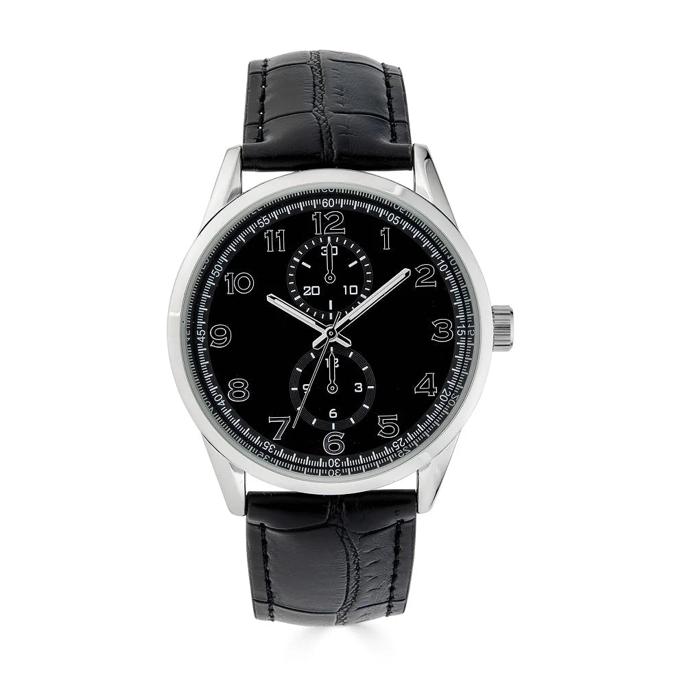 41MM Men'S Silver Tone Black Dial Easy Read Strap Black Watch