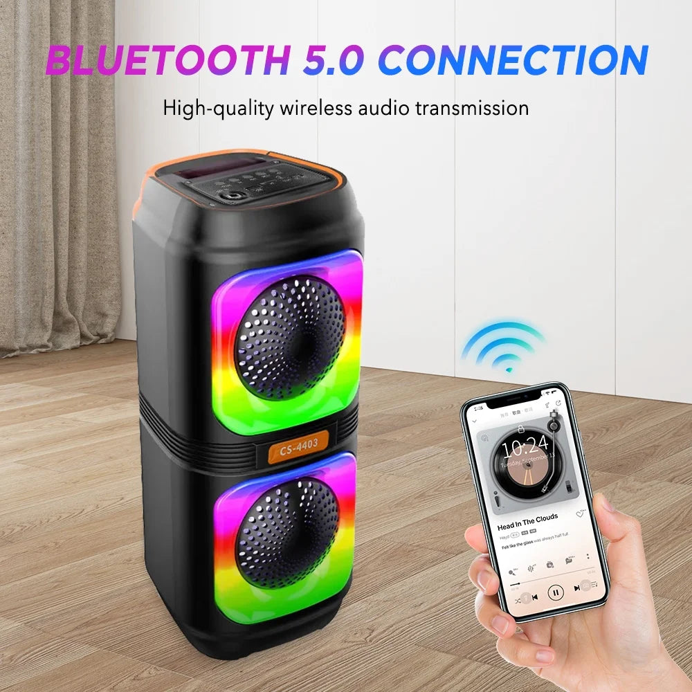 Portable Dual 4'' Speakers Bluetooth Speaker, Party Stereo Subwoofer RGB Lights Karaoke Heavy Bass with Mic (Optional),Support TWS/AUX/USB/TF Card Ideal for Party,Home,Camping