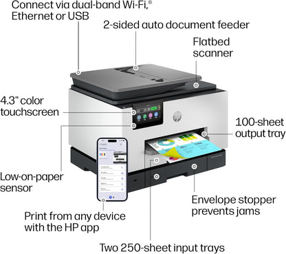 HP Officejet Pro 9135 Wireless All-In-One Color Inkjet Printer, Print, Scan, Copy, Fax, ADF, Duplex Print/Scan, Best-For-Office, 3 Month Trial of Instant Ink Included, Ai-Capable (C2WM0A)